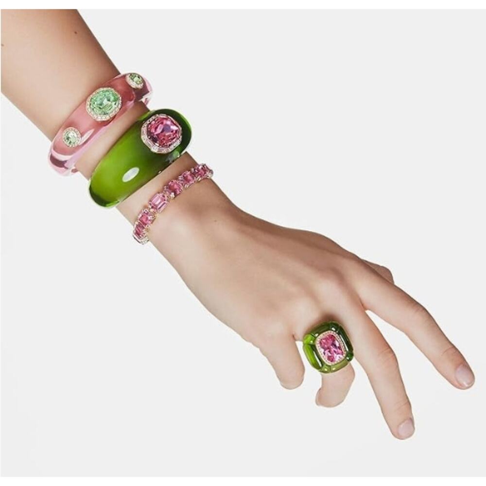 Swarovski Dulcis Pink Resin Cuff Bracelet Green Crystals Gold Tone 6.5" Large